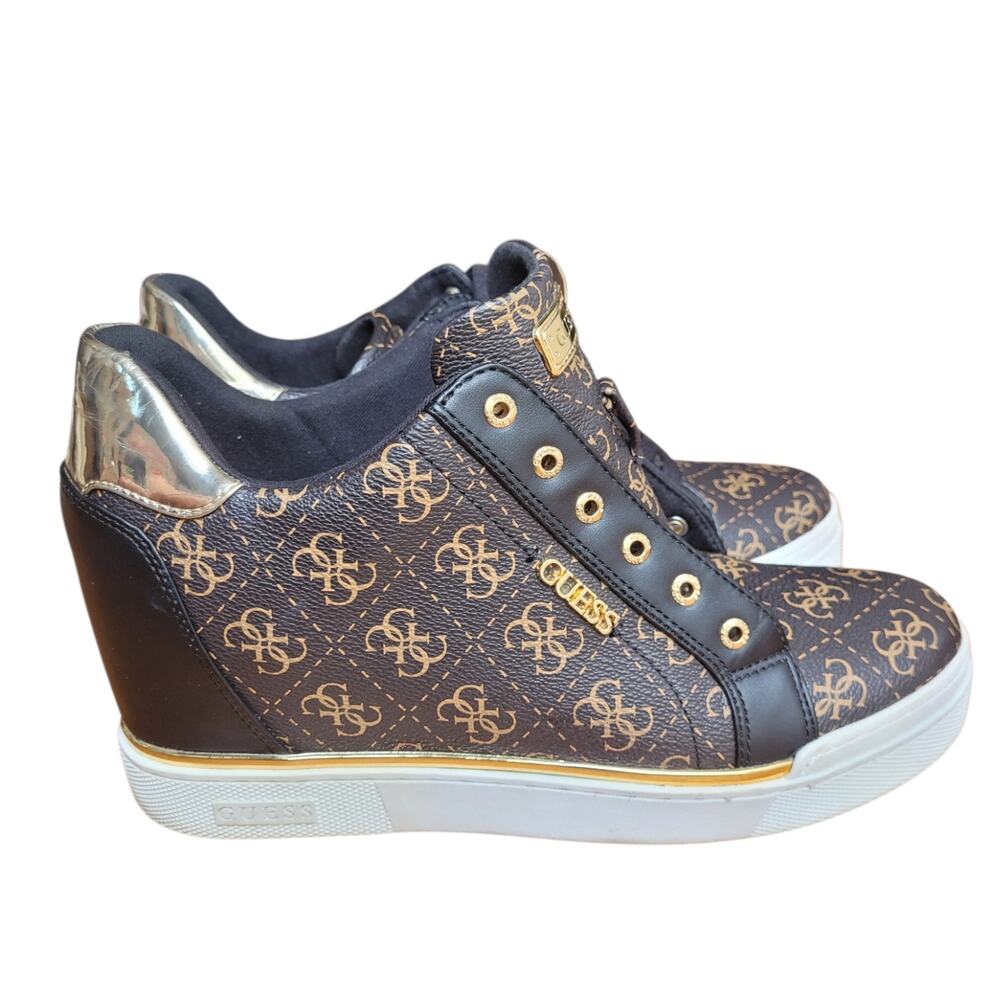 GUESS Monogram Hidden Wedge High Top Sneakers Brown Gold Women's 11M